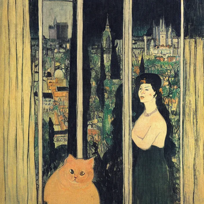 Image similar to portrait of sad woman and persian cat with city with gothic cathedral and tall trees seen from a window frame with curtains, vase. thunderstorm. mikalojus konstantinas ciurlionis, henri de toulouse - lautrec, utamaro, matisse, balthus