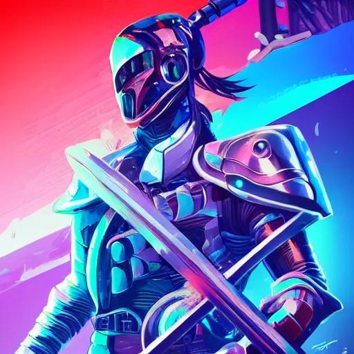 Image similar to katana zero video game character, huge sword, futuristic full body armor, cyborg, synthwave art, colorful, digital art, thiago lehmann