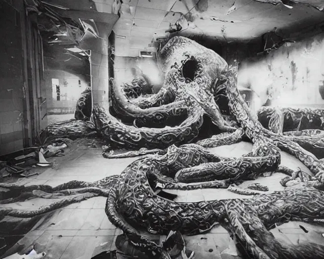 Image similar to camera footage of a extremely aggressive Giant mutated Octopus with glowing white eyes in an abandoned shopping mall, Psychic Mind flayer, Terrifying :7 , high exposure, dark, monochrome, camera, grainy, CCTV, security camera footage, timestamp, zoomed in, Feral, fish-eye lens, Fast, Radiation Mutated, Nightmare Fuel, Wolf, Evil, Bite, Motion Blur, horrifying, lunging at camera :4 bloody dead body, blood on floors, windows and walls :5