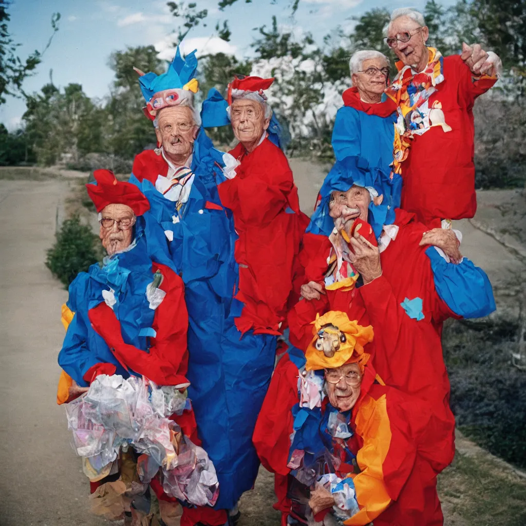 Image similar to a martin parr photo of a grandpa couple, wearing weird trash costumes, fujifilm velvia 5 0