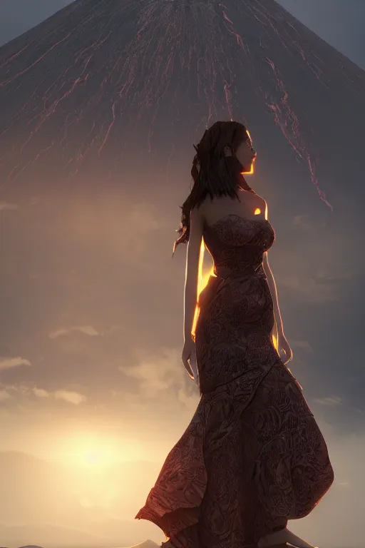 Image similar to a girl in a magnificent dress stands near a volcano, photorealistic, high resolution, trending on artstation, highly detailed, volumetric lighting