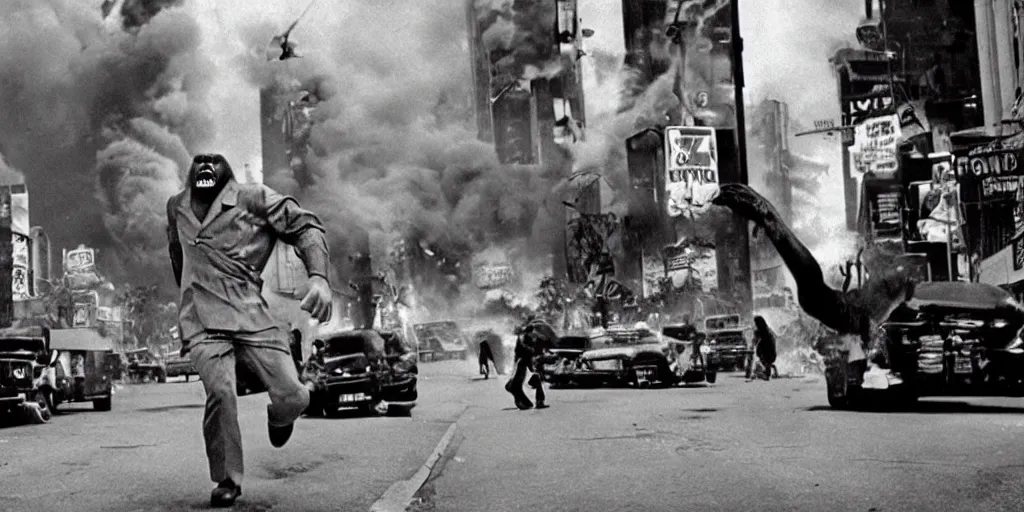 Image similar to An king Kong rage on street, Hollywood scene , cinematic