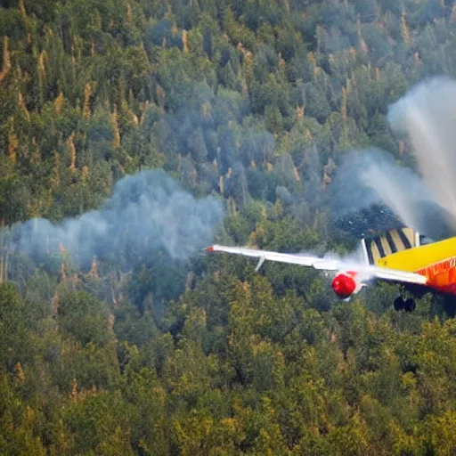 Image similar to a antonov airplane ( with yellow and red paint like a fire plane ) extinguishing a forest fire with absurd amounts of water, artistic photo