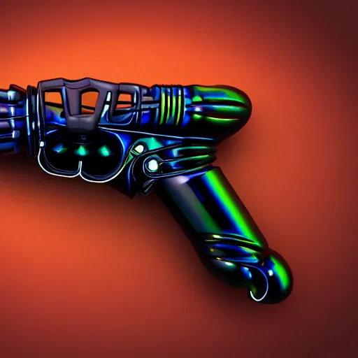 Prompt: unstable exotic matter powered sci - fi ray - gun concept, well defined mechanical features, triadic chrome shading, iridescent liquid energy tank, dark background, softglow, sharp focus, full device, vintage style, charcoal and champagne