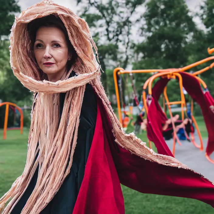 Prompt: a closeup portrait of a woman wearing a cloak made of ribbons, staring at an empty swing playground, claymation, canon eos c 3 0 0, ƒ 1. 8, 3 5 mm, 8 k, medium - format print