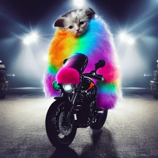 Image similar to wide angle full body, jacket wearing fluffy cute rainbow kitten wearing a black leather motorcycle jacket, cinematic concept art