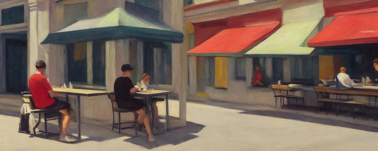 Image similar to an edward hopper - style painting of a hungarian young generation z person sitting on a table bench eating a meal outside at mcdonald's in gyor on saturday mid - summer of 2 0 2 2