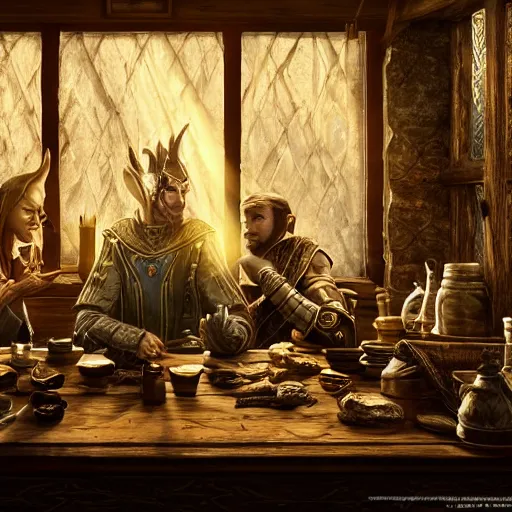 Image similar to the elder scrolls vi majestic gracious high elf merchant portrait, indoors rustic clothing shop, painted, dark room, one point of light coming through the window, atmospheric lighting, painted, intricate, volumetric lighting, beautiful, golden hour, sharp focus, ultra detailed, by mark kent, jordan lamarre - wan, igor kieryluk, maxim verehin, miranda meeks