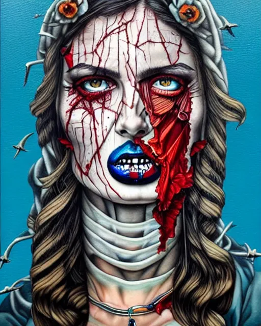 Image similar to a tarot card portrait horror and blood with sea and ocean intricate details by Sandra Chevrier