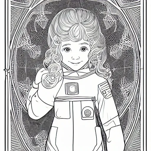 Image similar to clean simple line art of a cute little girl with a short brown wavy curly hair. she is dressed as an astronaut. no background. well composed, clean coloring book page, beautiful detailed face. coloring book line art by artgerm and greg rutkowski and johanna basford and alphonse mucha