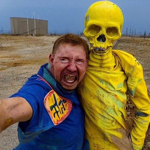 Image similar to last selfie of frightened funny damaged to bones ukrainian bleeding in dirty yellow and blue rags, nuclear rocket explosion at background