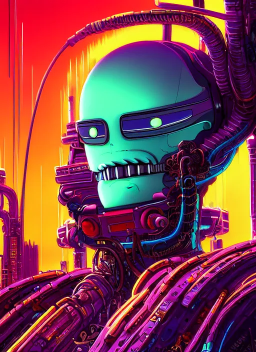 Image similar to portrait bender from futurama inside an scifi tentacles wires futuristic city, beautiful neon cats, cinematic, highly detailed, photorealistic, rich bright colors, trending on artstation, giger, tsutomu nihei, trending on cgsociety, awe inspiring bruce pennington cityscape, digital art painting of 1 9 6 0 s