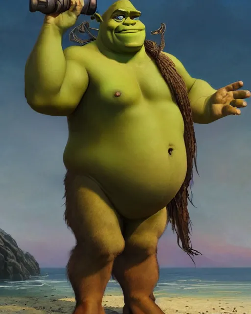 Prompt: beautiful , shrek standing in front of a beach, intricate, stunning, highly detailed, digital painting, artstation, concept art, smooth, sharp, focus, illustration, art by artgerm and greg rutkowski and alphonse mucha