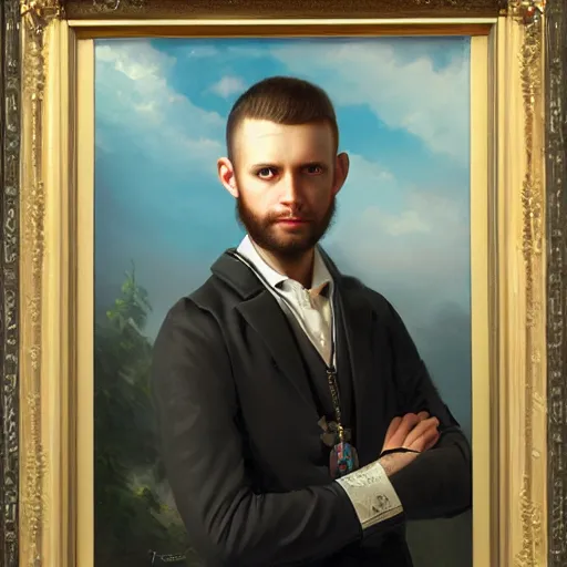 Prompt: portrait of an estonian man ( 3 1 ) from estonia in 2 0 2 1, an oil painting by ross tran and thomas kincade