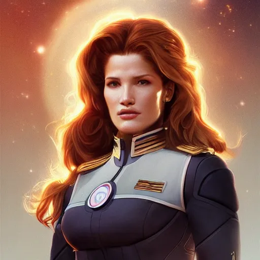 Image similar to ultra realistic illustration, bella thorne as captain janeway, intricate, elegant, highly detailed, digital painting, artstation, concept art, smooth, sharp focus, illustration, art by artgerm and greg rutkowski and alphonse mucha