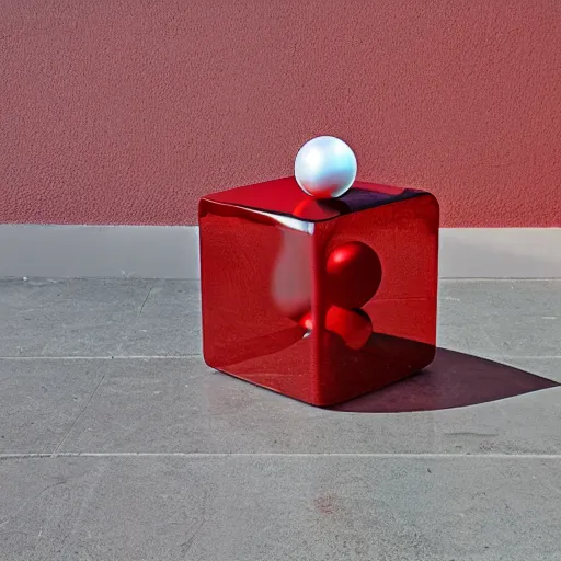 Prompt: chrome spheres on a red cube by jordan cronenweth