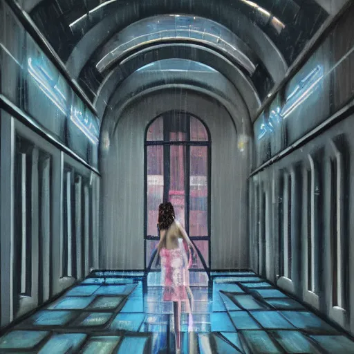 Image similar to beautiful woman, courtyard, capital, cybermosque interior, control panel, watcher, omniscient, tech noir, wet reflections, impressionism, matte painting, speed painting, chiaroscuro, oil on canvas