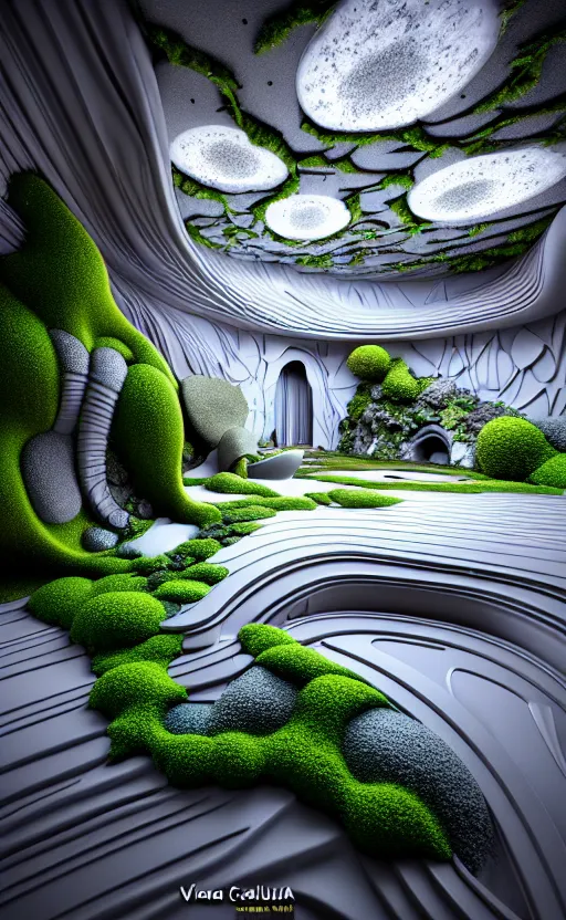 Image similar to highly detailed ultra sharp 3 d render villa interior cinematic composition of a smooth ceramic porcelain biomorphic magnolia stone nebula fluid fractal sci - fi surreal architecture landscape, granite, metallic, magnesium, marble, moss and lichen, vincent callebaut composition, mamou - mani, archviz, beautiful lighting, 8 k, unreal engine, hdr,