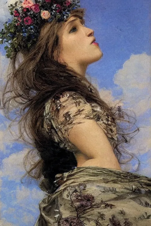 Image similar to close - up fashion black woman portrait airy flowers cloudy sky art by vasnetsov