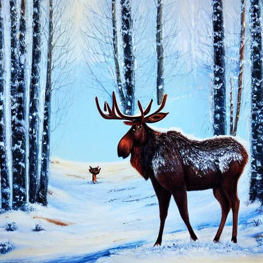 Image similar to cute fluffy moose standing in snowy winter forest landscape detailed painting 4k