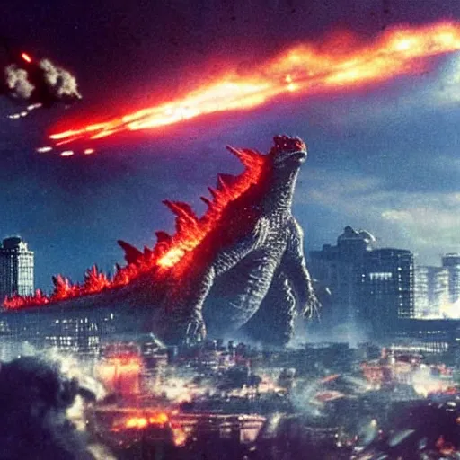 Image similar to photograph of Godzilla destroying a futuristic city, military helicopters in the sky, smoke and destruction, highly detailed, photorealistic