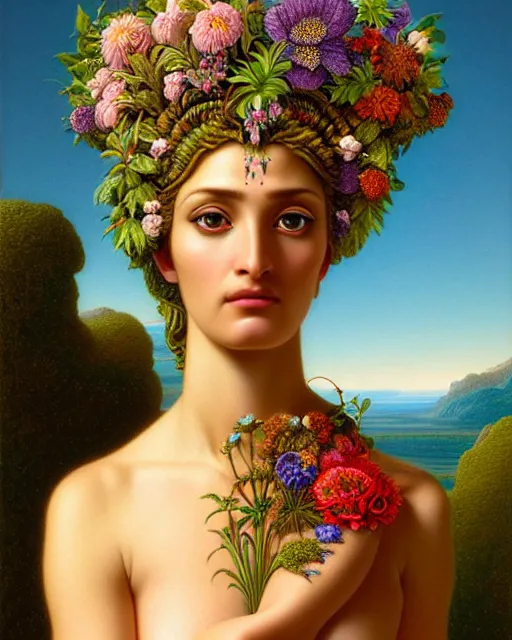 Prompt: portrait of the goddess of nature, unusual beauty, flowers and plants, emotionally evoking symbolic metaphors, head in focus, fantasy, ornamental, intricate, elegant, sensual, highly detailed digital painting, artstation, concept art, painterly, golden ratio, sharp focus, illustration, art by John William Godward and Boris Vallejo and Zdzisław Beksiński,