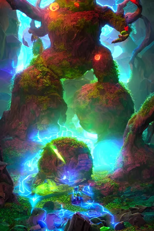 Image similar to arcane fantasy art giant golem elemental wood rock bastion forged gemstone enchanted forest troll, global illumination ray tracing hdr fanart arstation by sung choi and eric pfeiffer and gabriel garza and casper konefal lisa frank zbrush central hardmesh radiating a glowing aura