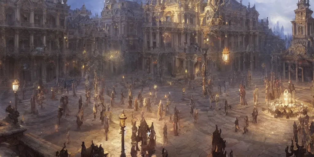 Image similar to fountains in the town square of the baroque era, magical clerics, staffs, books, choir, hearthstone art style, epic fantasy style art by Craig Mullins, fantasy epic digital art, epic fantasy card game art by Greg Rutkowski