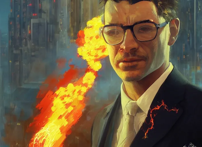 Prompt: a man wearing a suit, but his head is made of fiery plumes of smoke and sparks, fantasy, cinematic, fine details by realistic shaded lighting poster by ilya kuvshinov katsuhiro otomo, magali villeneuve, artgerm, jeremy lipkin and michael garmash and rob rey