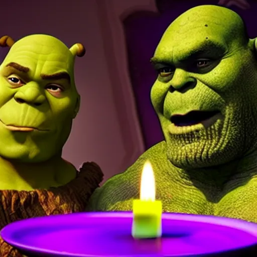 Prompt: Thanos and Shrek romantic candlelit dinner