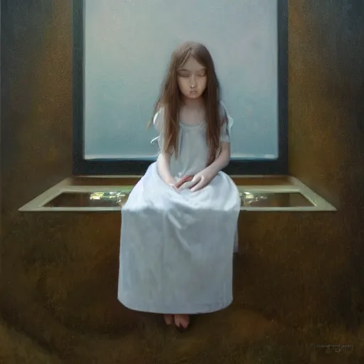 Image similar to oil painting of girl sitting in fish tank drowning alone. she is wearing a white dress and has long brown hair. by aron wiesenfeld.