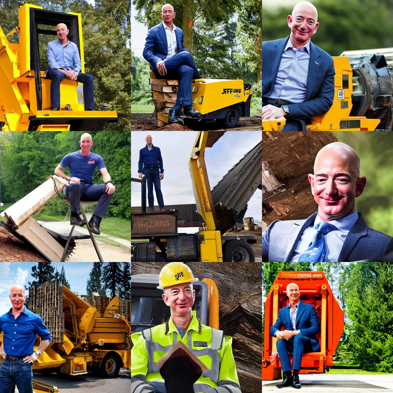 Prompt: jeff bezos sitting on top of a wood chipper