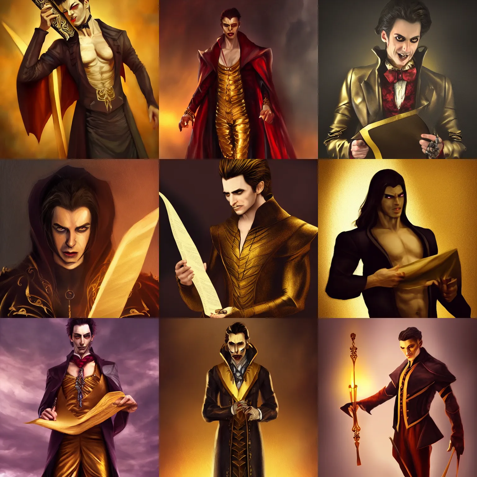 Prompt: male vampire in dark golden noble clothes in a dramatic pose holding a scroll, realistic painting, artstation, cinematic, dramatic lighting