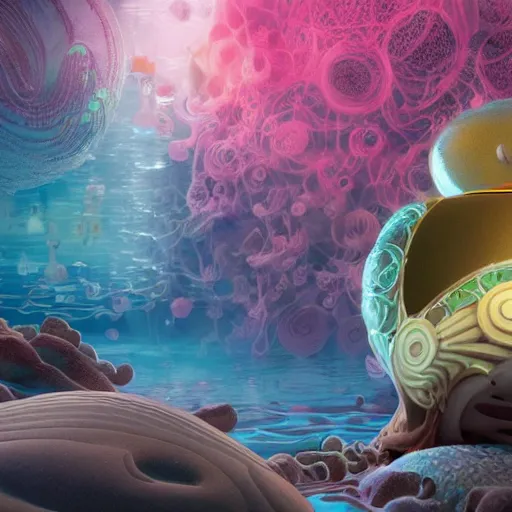 Prompt: greek gods, expressive eyes, floating, rbc, radiolaria, protophyta, micro - organisms, center frame, symmetric, rim light, marine microbiology, bioluminescence, electric, fur, soft, concept art, intricate details, highly detailed, colorful, photorealistic, disney pixar, octane render, iridescent, anime