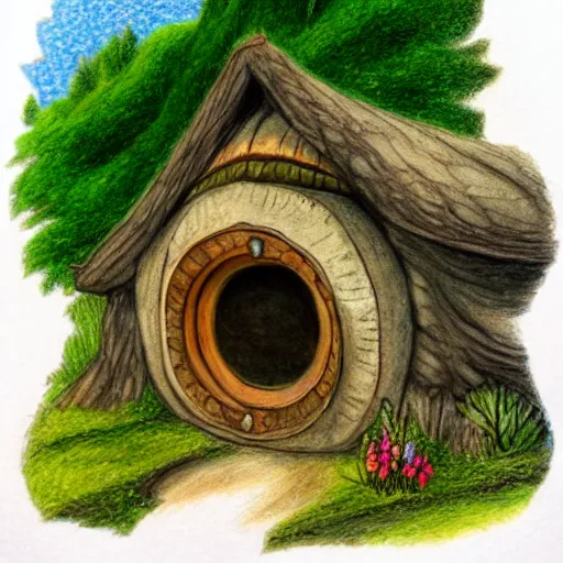 Image similar to colored pencil illustration of a hobbit house in the shire, in the style of Tolkien