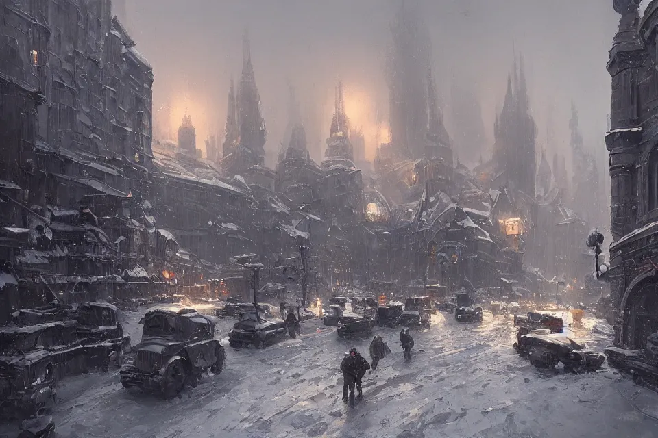 Image similar to highly detailed painting of dieselpunk stockholm, winter, snow, dystopia, by greg rutkowski, by raphael lacoste, 4 k resolution, trending on artstation