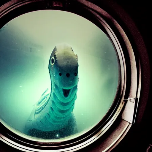 Image similar to a ghost leviathan seen through the porthole of a submarine, dark, underwater,