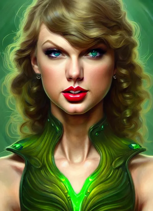 Image similar to portrait of taylor swift as a goblin, d & d, muscular! green, fantasy, intricate, elegant, highly detailed, digital painting, artstation, concept art, smooth, sharp focus, illustration, art by artgerm and greg rutkowski and alphonse mucha