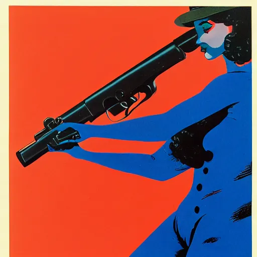 Prompt: noir femme fatale with a gun, rudolph belarski, robert mcginnis, german expressionism, blue red highlighter risograph, 8 k highly detailed