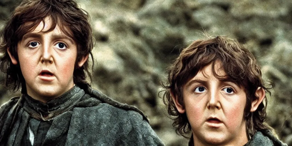 Image similar to A full color still of young Paul McCartney in Hobbit makeup and costume, in The Lord of the Rings directed by Stanley Kubrick,