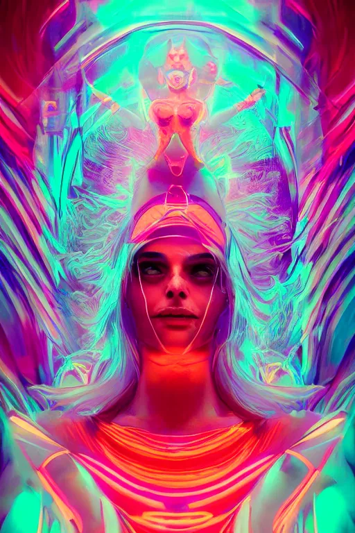 Image similar to photo of surreal goddes of war in neon lighting, elegant, highly detailed, smooth, sharp focus, trippy, dmt, psychedelic, illustration, beautiful, geometric, trending on artstation, cinematic, artwork by WLOP