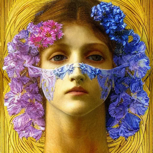 Prompt: masterpiece painting of a facemask made of flowers, by annie swynnerton and jean delville and tino rodriguez, flower mask, symbolist, dramatic lighting, god rays, elaborate geometric ornament, clean crisp graphics, soft cool colors, smooth, sharp focus, extremely detailed