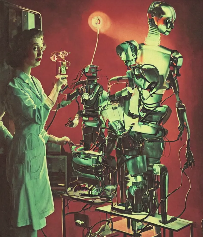 Prompt: a female mad scientist assembling a humanoid male robot, a darkly lit laboratory room, 1 9 5 0 s horror movie poster, norman rockwell painting, really close - up shot, retro science fiction, vintage, saturated pink and green lighting, shadowy lighting, cohesive!