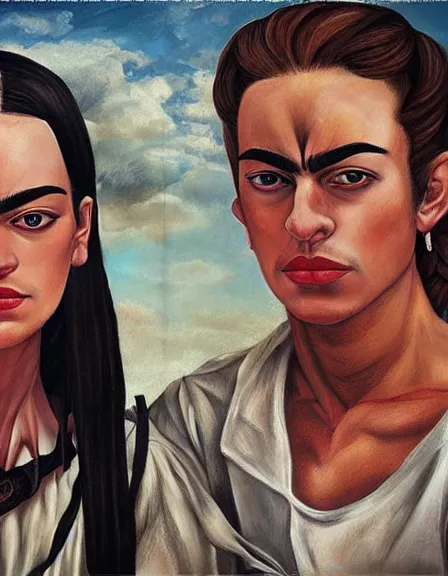 Image similar to couple in love. fully clothed armed female pirate captain, rachel wall, with a male pirate partner, sun, summer, blue eyes, beauty, wisdom, love, strength, knowledge, smart, portrait, symmetrical, highly detailed, digital painting, artstation, smooth, sharp focus, illustration, strength, art by frida kahlo. 8 k