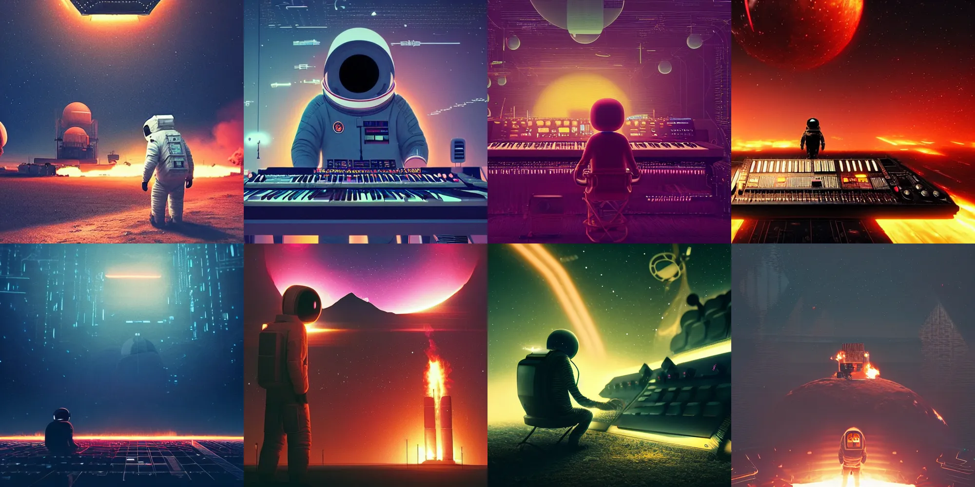 Prompt: beautiful dark landscape, astronaut looking at a giant old analog synthesizer with keyboard on fire, in the style of beeple and Mike Winkelmann, intricate, epic lighting, cinematic composition, hyper realistic, 8k resolution,