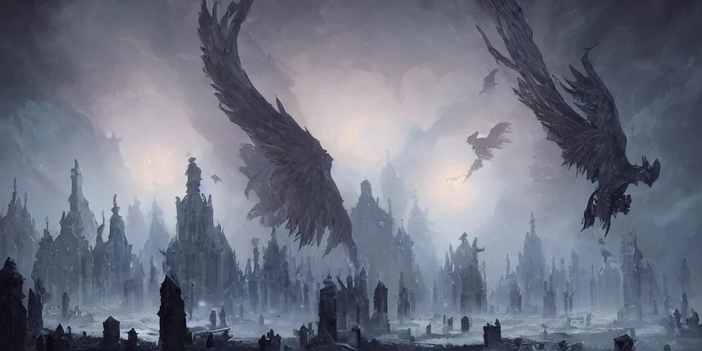 Prompt: a graveyard of fallen angels in hell, Fantasy painting, Greg Rutkowski