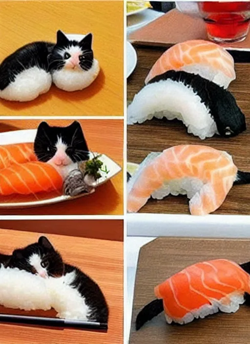 Image similar to clear photorealistic picture of adorable cats made out of sushi