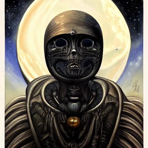 Prompt: beautiful painting of the victorian face of the moon with a solemn expression in the style of Welder Wings and H. R. Giger. Dark background, detailed, trending on Artstation