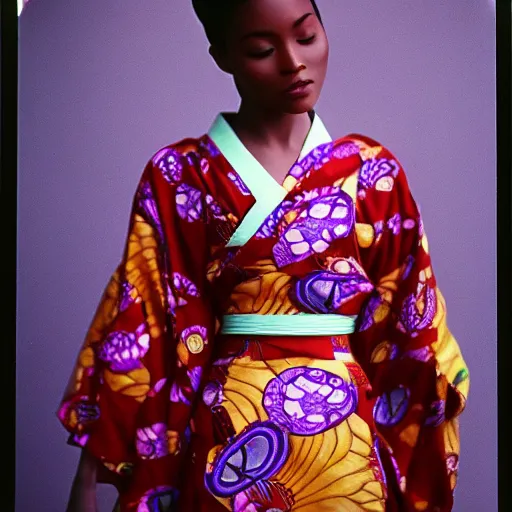 Prompt: beautiful african - asian model, wearing a kimono. zeiss 1 5 0 mm f 2. 8 hasselblad, 1 9 8 0 s polaroid