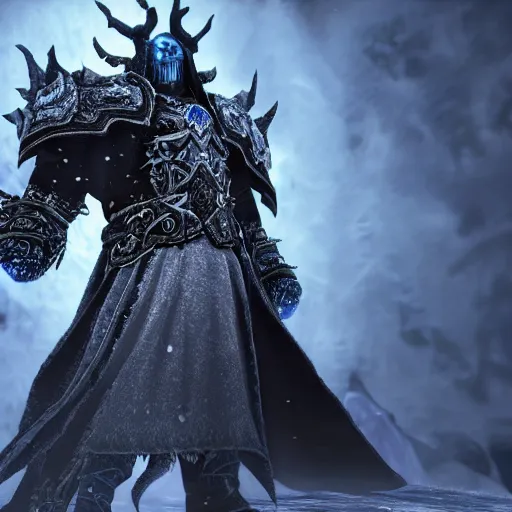 Prompt: the lich king standing next to the frozen throne. World of Warcraft. Cinematic. Photorealistic. 8K.